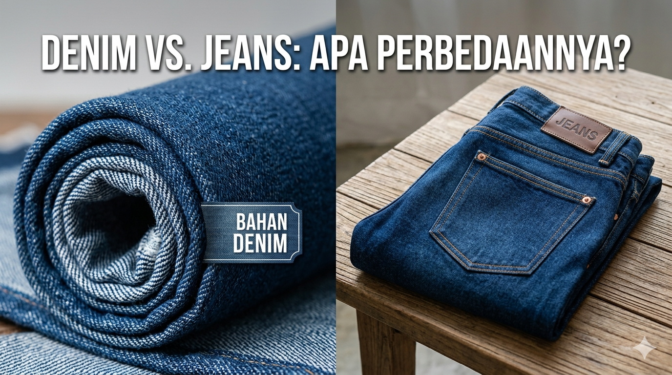Gambar kain denim dan celana jeans di atas meja kayu